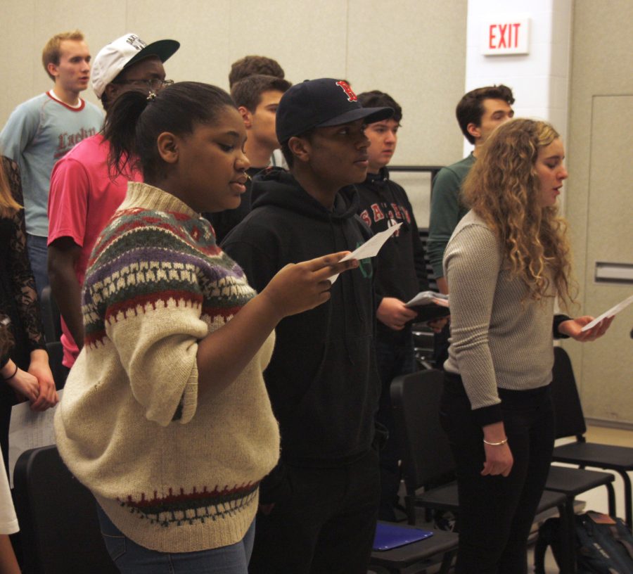 Junior Aajia Freeman, senior Mikey Jimenez and Jenny Cronin sing during Jubilee C-block.