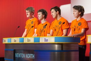 Seniors Ned Martenis, Dan Minahan, Ezra Dulit-Greenberg, and Daniel Minahan on the set of High School Quiz Show. Photo courtesy of WGBH photographer Lisa Abibtol.