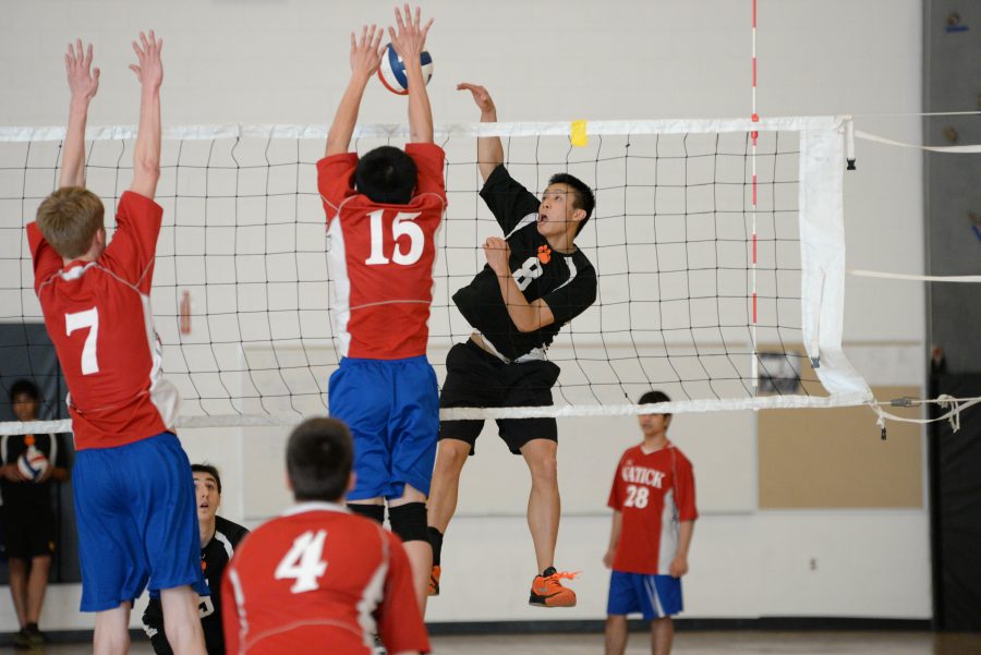 Senior+Preston+Yong+goes+up+for+a+spike+against+Natick.+Photo+by+Judith+Gibson-Okunieff.