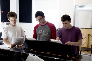 Seniors Jaken Rosenberg, Ezra Dulit-Greenberg, and Alex Shames of Tiger Beebop Rehearsing for Jazz Night