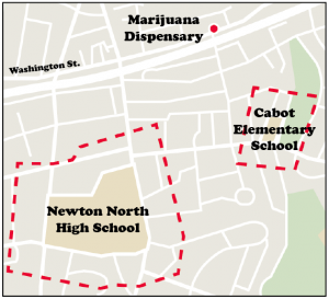 Newton laws prohibit marijuana dispensaries within a 500 foot radius from any school. Graphic by Maria Trias.