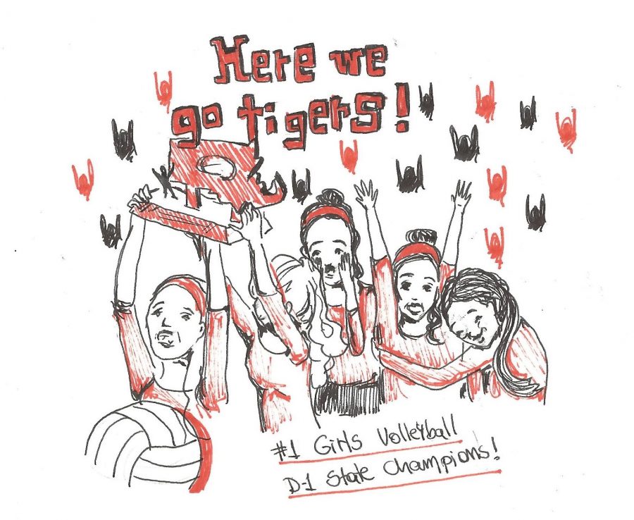 Congratulations to girls' volleyball, who won the State Tournament on Saturday! Cartoon by Maria Melissa and Mary Solovyeva.