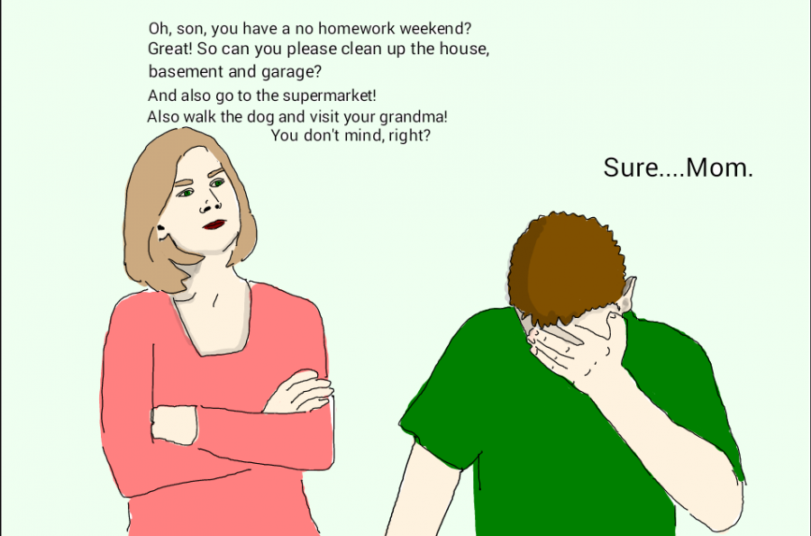 Parents view the No-Homework Weekend differently from students. Cartoon by Maria Melissa and Mary Solovyeva.
