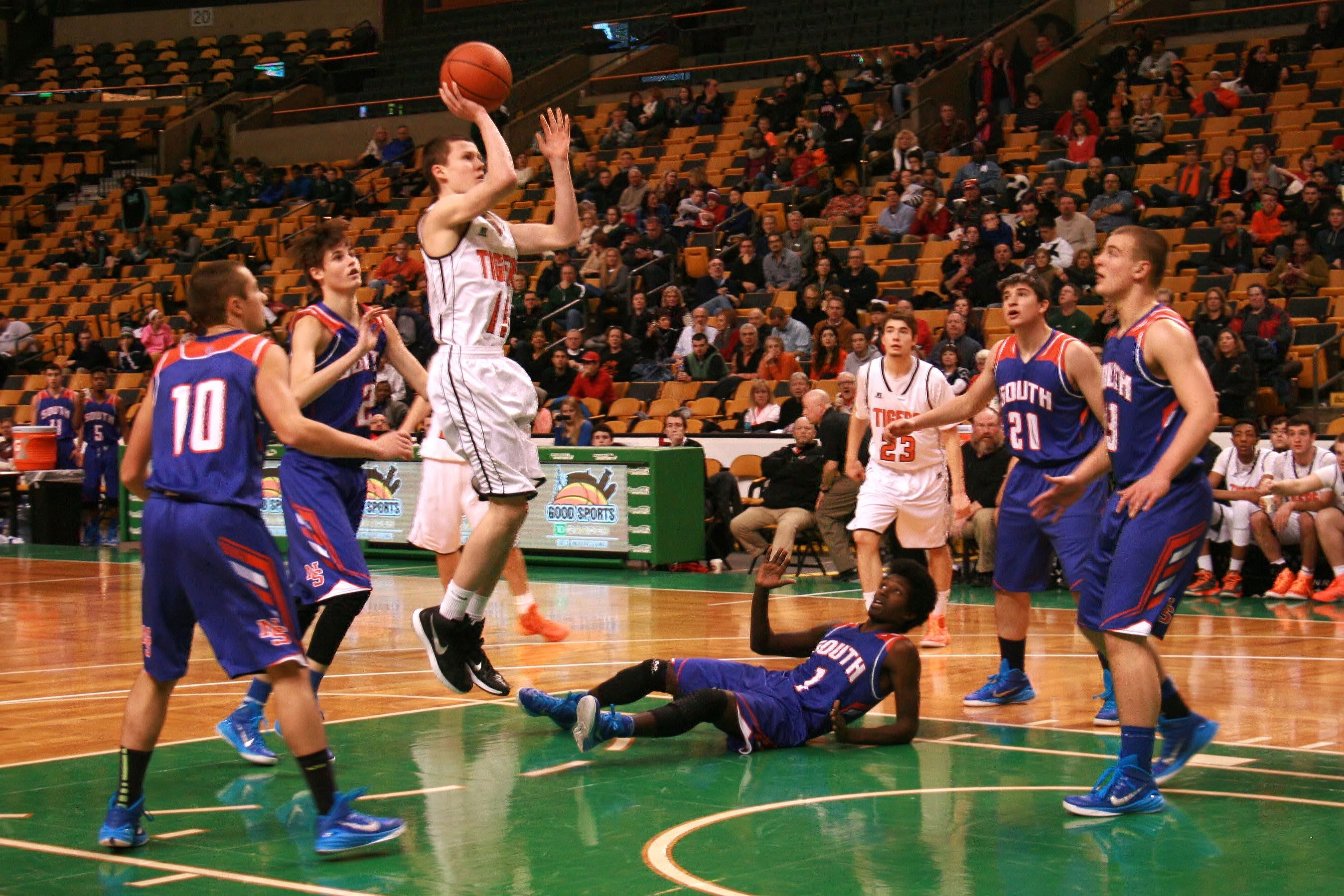 Freshman Ethan Wright drives for a basket last Saturday at the TD Garden in a 61-46 win over South.