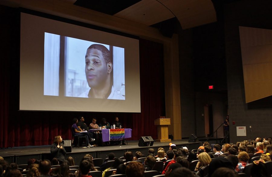 Students+watch+a+member+of+the+LGBTQ%2B+community+discuss+his+experiences+with+racism+during+G-block.