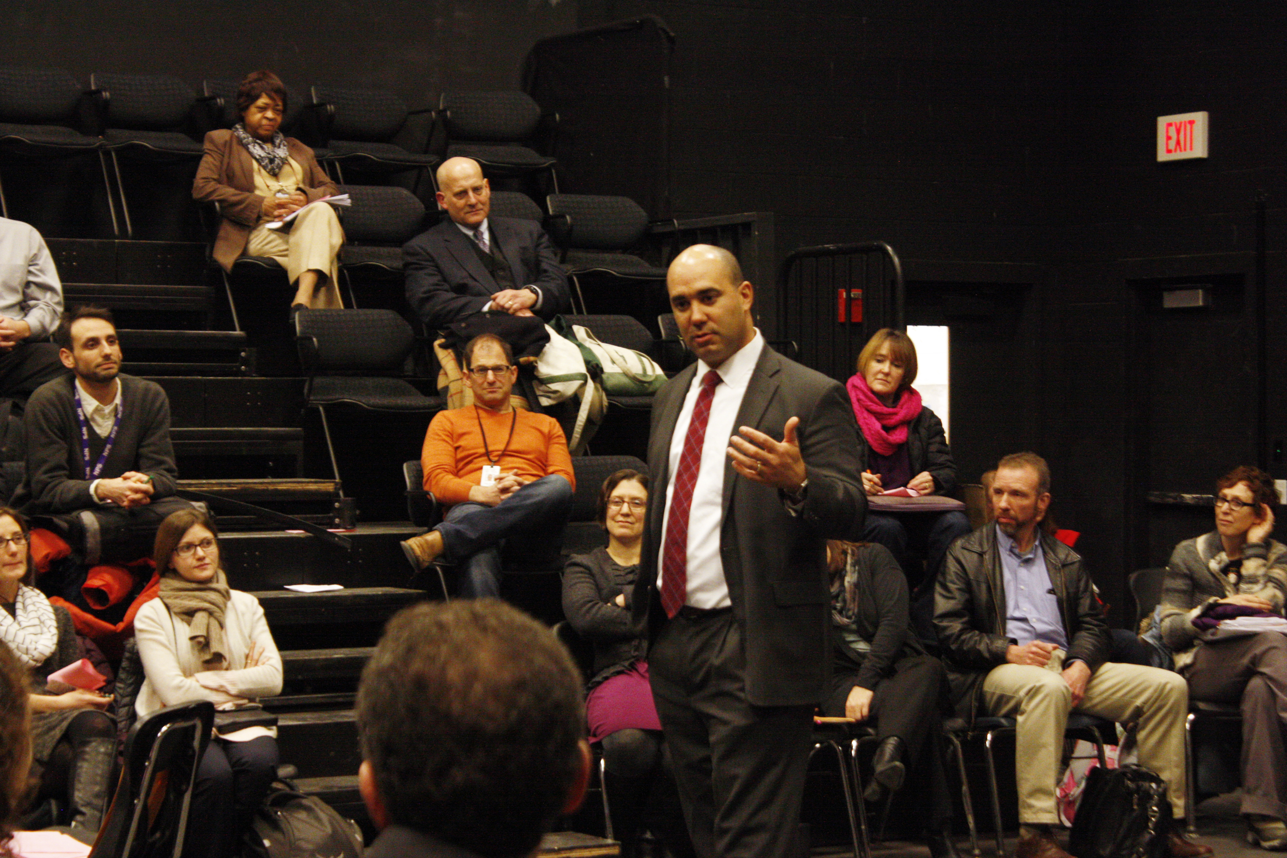 Principal search semi-finalist Henry Turner speaks to staff in the Little Theater during his visit Thursday, Jan. 11.