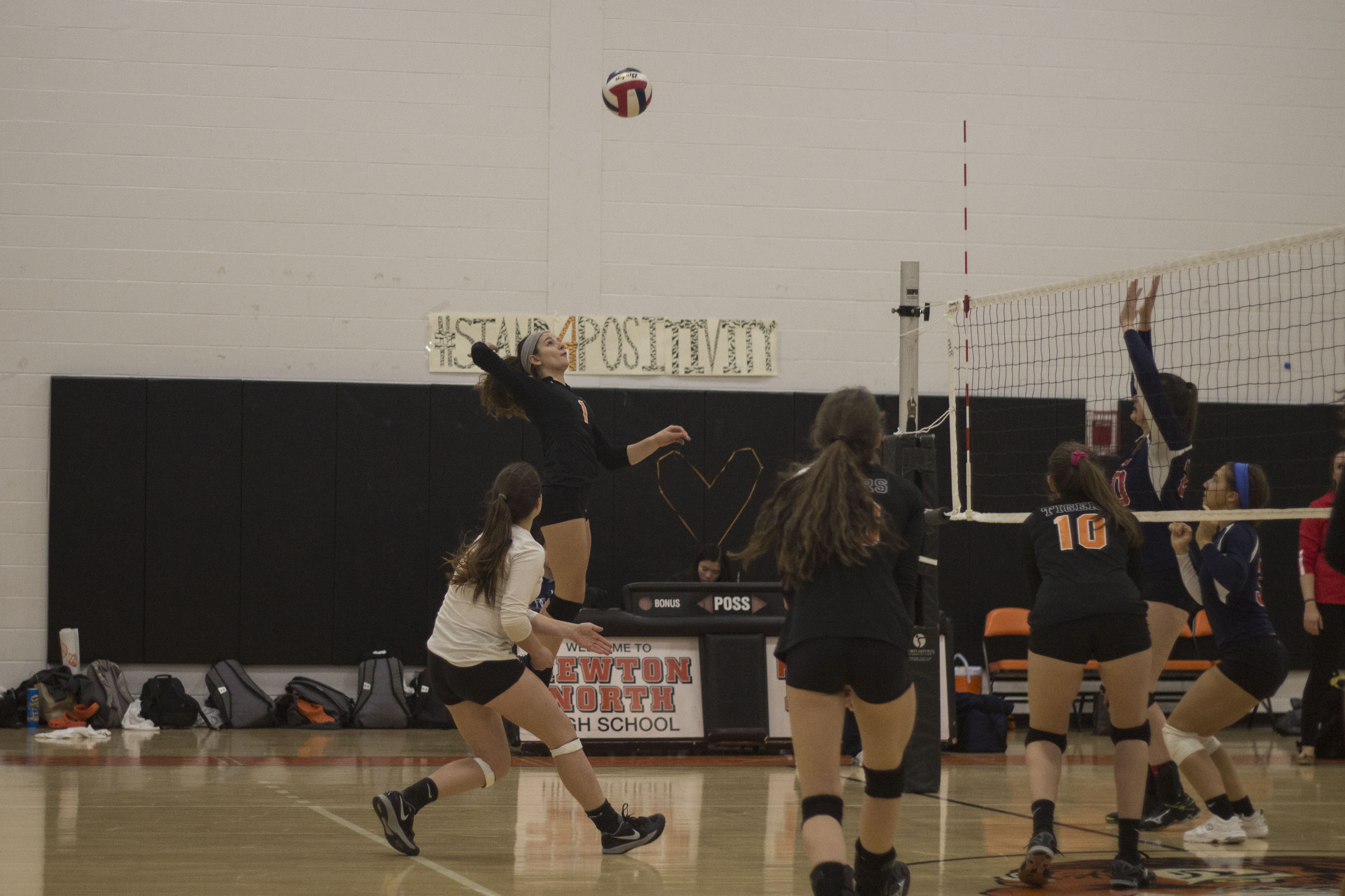 Senior Sofia Perez-Dietz goes for the kill in the East sectional quarter-finals against Brookline, Tuesday, November 8th. Photo by Josh Shub-Seltzer