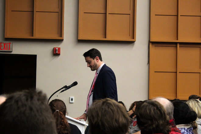 History teacher David Bedar delivers his speech to the School Committee. (Photo by Rose Skylstad) 