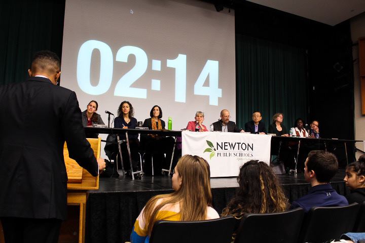 The Newton School Committee listens to an audience question during a public hearing Tuesday, Nov. 27, 2018. (Photo by Rose Skylstad)