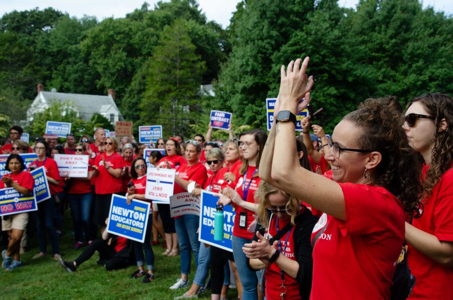 Teachers rally outside of City Hall to push for a contract settlement Wednesday, Aug. 28. (Photo by Joel Schurgin)