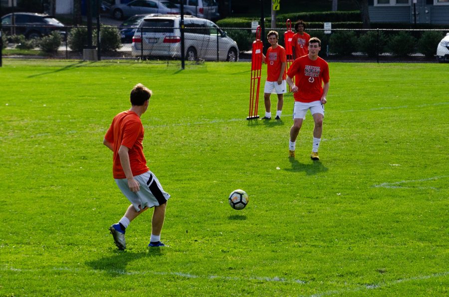Boys soccer practices at the Lowell fields.
