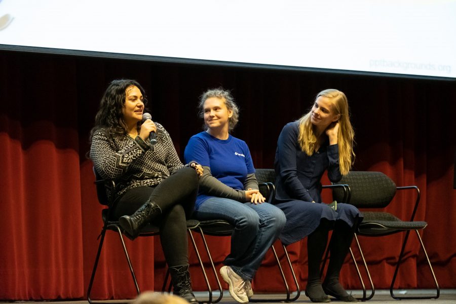 A panel of women working in STEM professions spoke during a-block of Women in STEM Day. (Photo by Ian Dickerman)