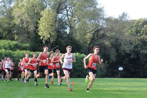 Boys cross country dominates the front of the pack at the start of their race against Weymouth Wednesday, Sept. 11.