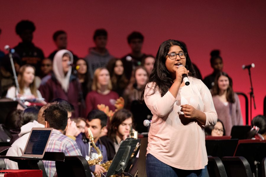 Senior Lasya Thavanati performs Angels We Have Heard on High with the Jubilee Singers during the Holiday Concert. (Photo by Ian Dickerman)