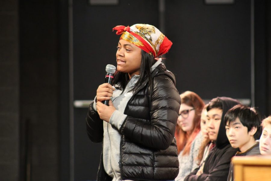 Sophomore speech winner Oliviah Espady speaks in front of her grade during the finals of the competition Friday, Jan. 17 in the auditorium. (Photo by Ian Dickerman)