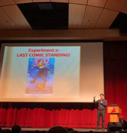 Comedian Jesse Appell '08 cracks a joke to audience members Wednesday, Feb. 12. (Photo by Jacob Zalis)