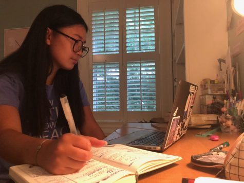 Senior Edie Pike works at her desk at home. (photo courtesy of Pike)
