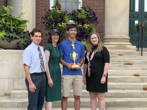 Ethan Ou 21 receives the 52nd annual Hamill Award outside Newton City Hall Thursday, July 8. Left to right Hamill Award Committee Chair Elliott Loew, Newton North pitcher Ethan Ou, Mayor Ruthanne Fuller, Parks and Recreation Commissioner Nicole Banks. (Photo Courtesy of Ethan Ou)
