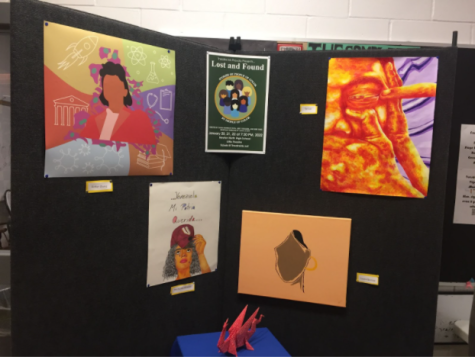 Artwork by students of color was displayed outside the Little Theatre for the audience to see. (Photo by Emma Brignall)
