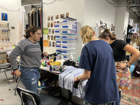 Junior Sonia Murthy and sophomores Amelie Raynes, and Anna Scales work on creating costumes for the upcoming musical Godspell.