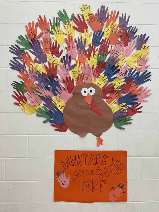 Senior Zoe Kritzer and sophomore Vivian Kritzer organized a hand turkey display leading up to the Thanksgiving holiday break.