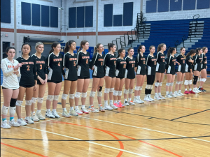 Girls volleyball line up for the national anthem before the MIAA State Championship Semifinal match against Needham, Wednesday, Nov. 15.