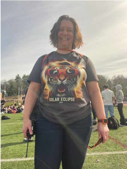 Vice Principal Amy Winston wears her custom NNHS Solar eclipse T-Shirt during North’s viewing party April 8, 2024
