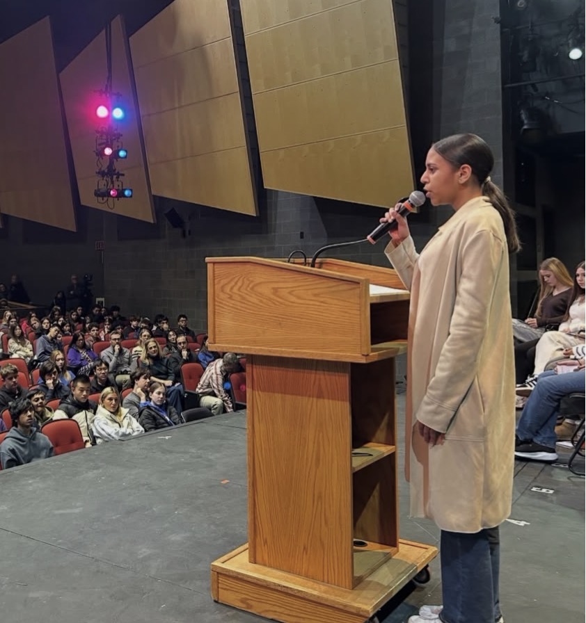 Sophomore Nacheli Marinez, a finalist, performs at Sophomore Speech Showcase, Friday, Jan. 23. 